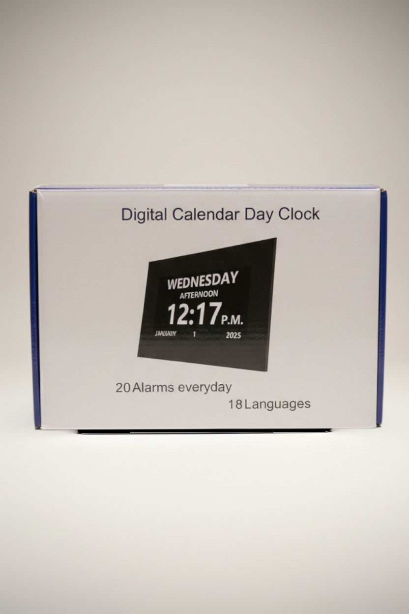 Exquisite Deal Shop Digital Calendar Day Clock with large screen displaying Wednesday, January 1, 2025, 12:17 PM. Features 20 alarms and 18 languages.