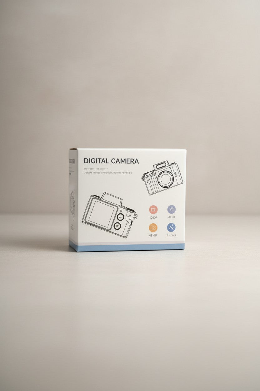 Exquisite Deal Shop digital camera box showing 48MP photo, 1080P video, mini size, and filters.