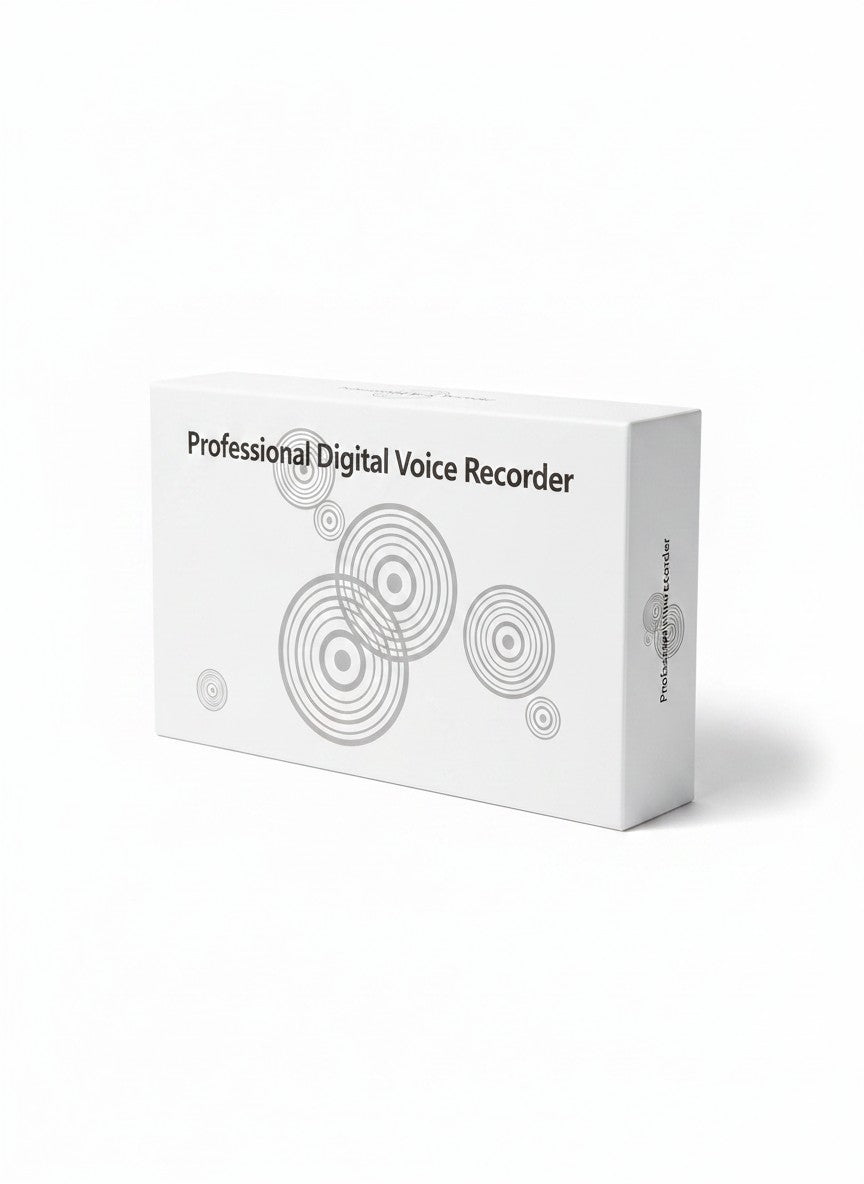 Exquisite Deal Shop professional digital voice recorder packaging box with minimalist white design and sound wave art.