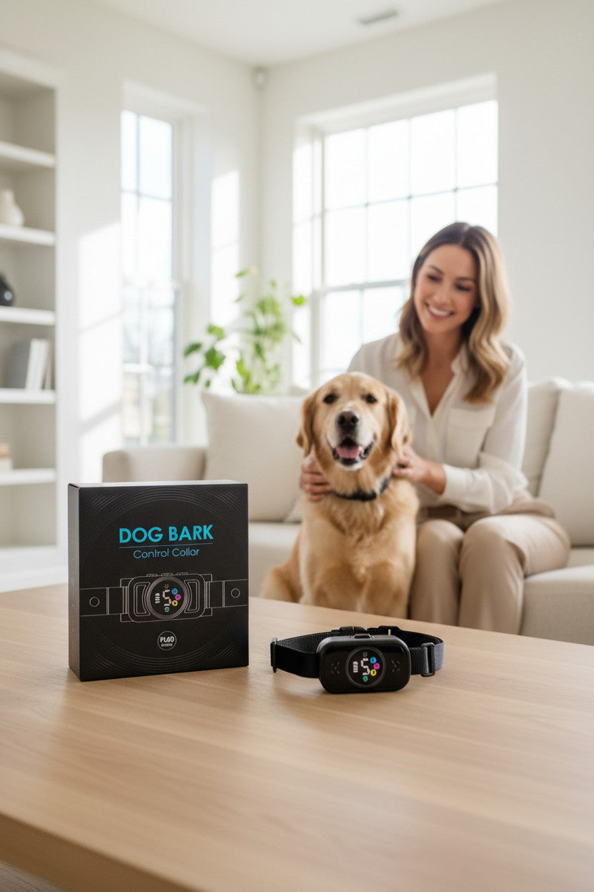 Exquisite Deal Shop Dog Bark Control Collar PL60, rechargeable no-bark trainer with adjustable beep, vibration, and static modes.