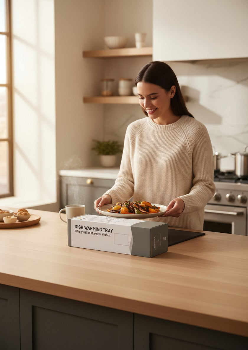 Exquisite Deal Shop electric dish warming tray keeping food hot. A woman in a cream sweater holds a plate of food.