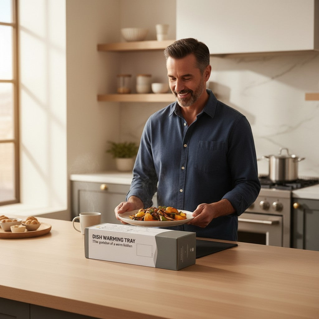 Exquisite Deal Shop electric dish warming tray keeping food hot, with a woman holding a plate of food.