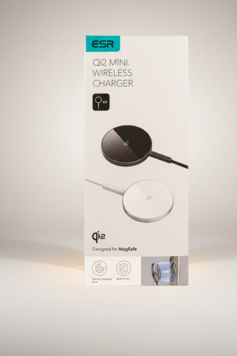 Exquisite Deal Shop ESR Qi2 Mini Wireless Charger, MagSafe compatible, 15W fast charging, magnetic alignment, compact puck design.