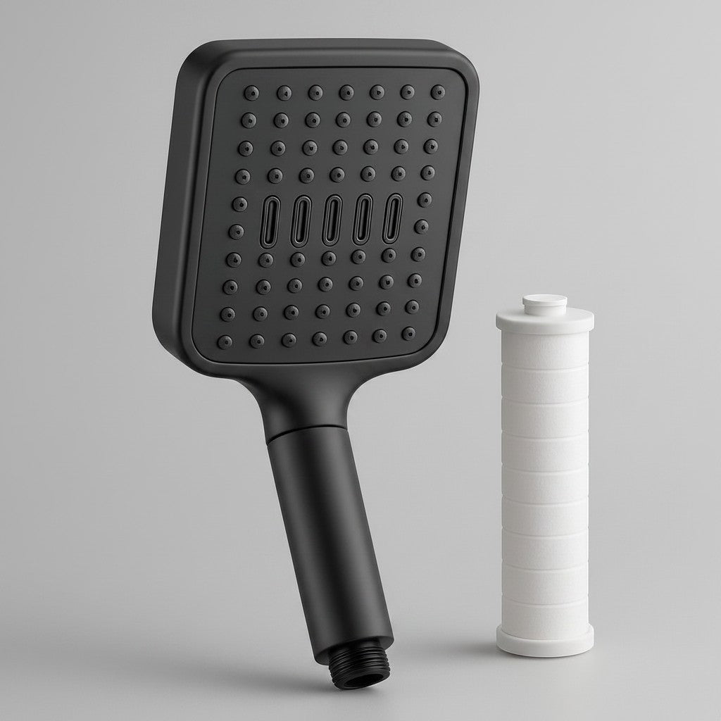 Exquisite Deal Shop handheld shower head with built-in filter, chrome and black, multiple spray settings.