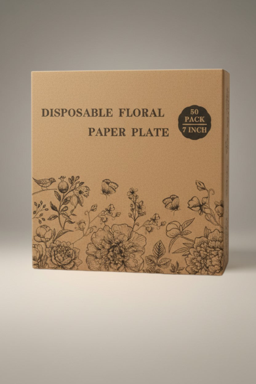 Exquisite Deal Shop 50pk 7in disposable paper plates with vintage botanical floral print. Microwave-safe and recyclable.