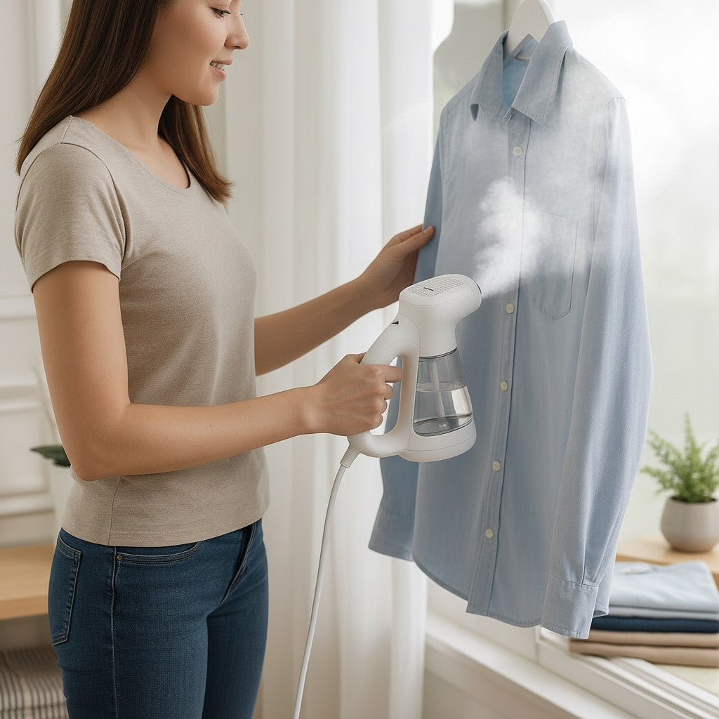 Exquisite Deal Shop handheld garment steamer with dual voltage, steaming a blue button-down shirt.