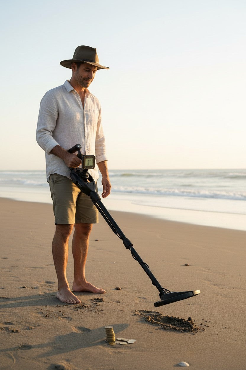Exquisite Deal Shop black handheld metal detector pinpointer with LCD screen, audio and vibration alerts.