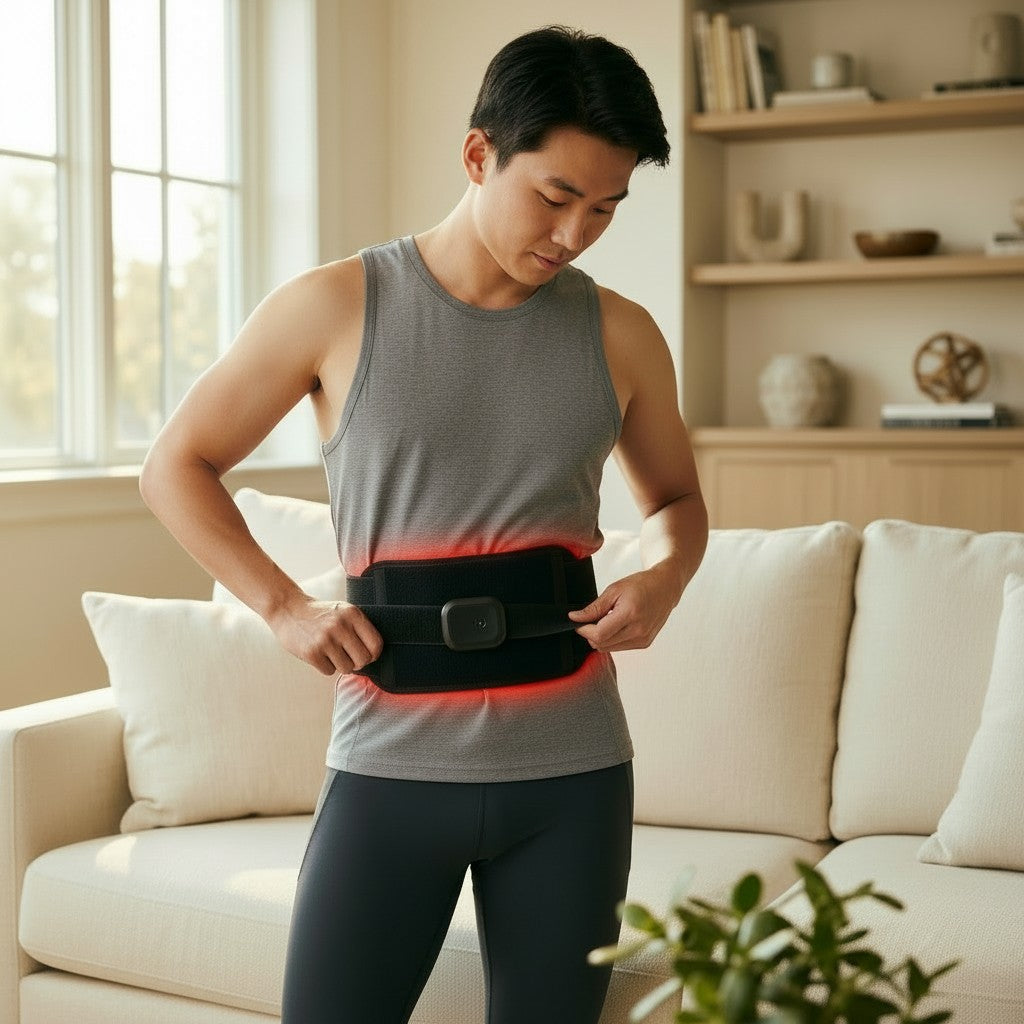 Exquisite Deal Shop black heated back brace with red heat therapy glowing around the waist, adjustable strap.