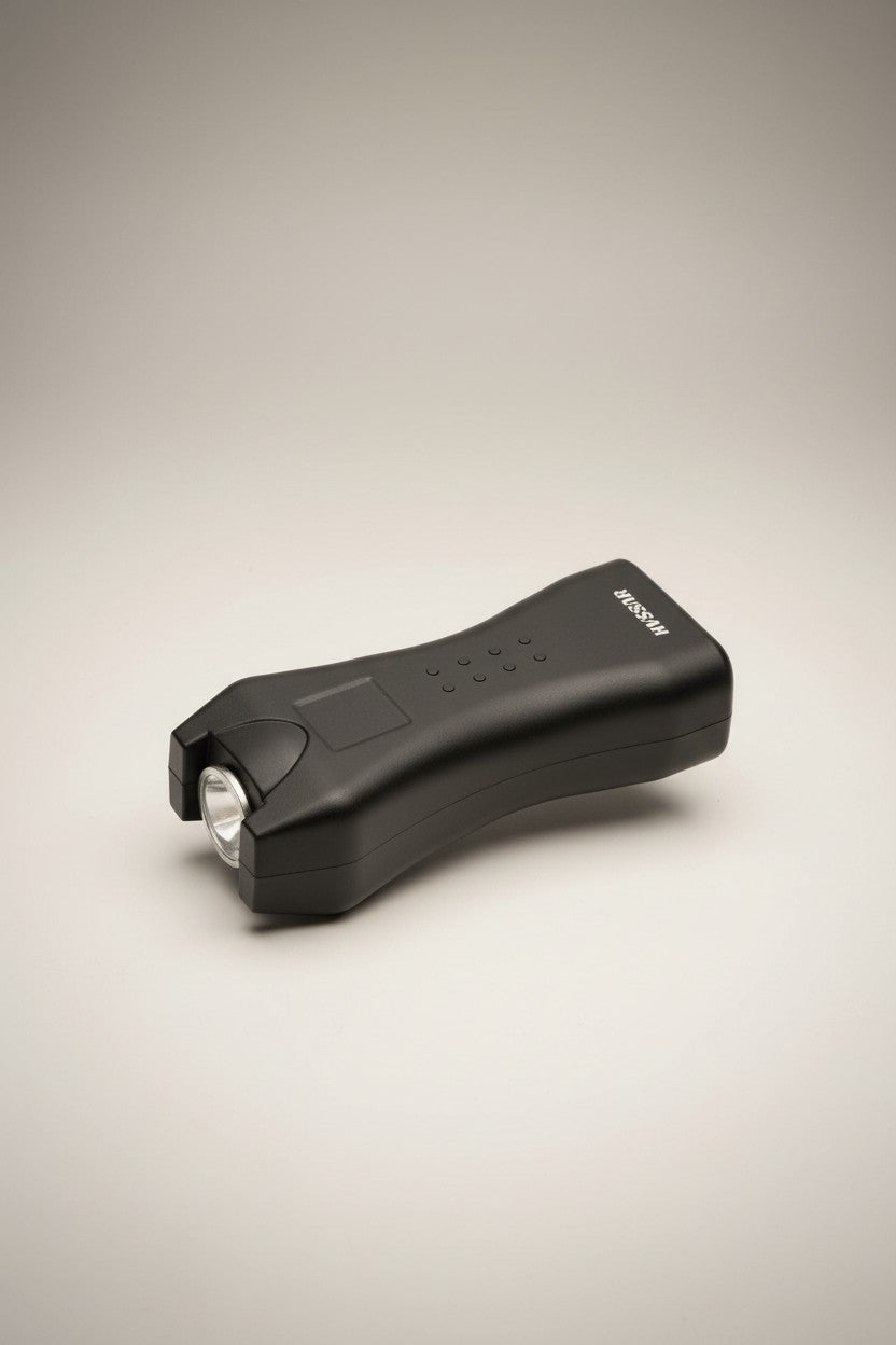 HUSSAR 618 black rechargeable stun gun with LED flashlight and holster. Self-defense device.