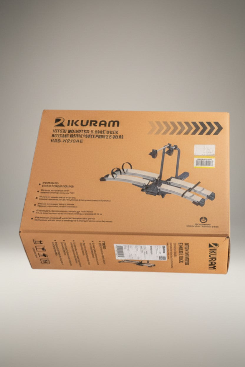 Exquisite Deal Shop IKURAM hitch-mounted e-bike rack for 2 bikes, steel construction, adjustable cradles and locking arms.