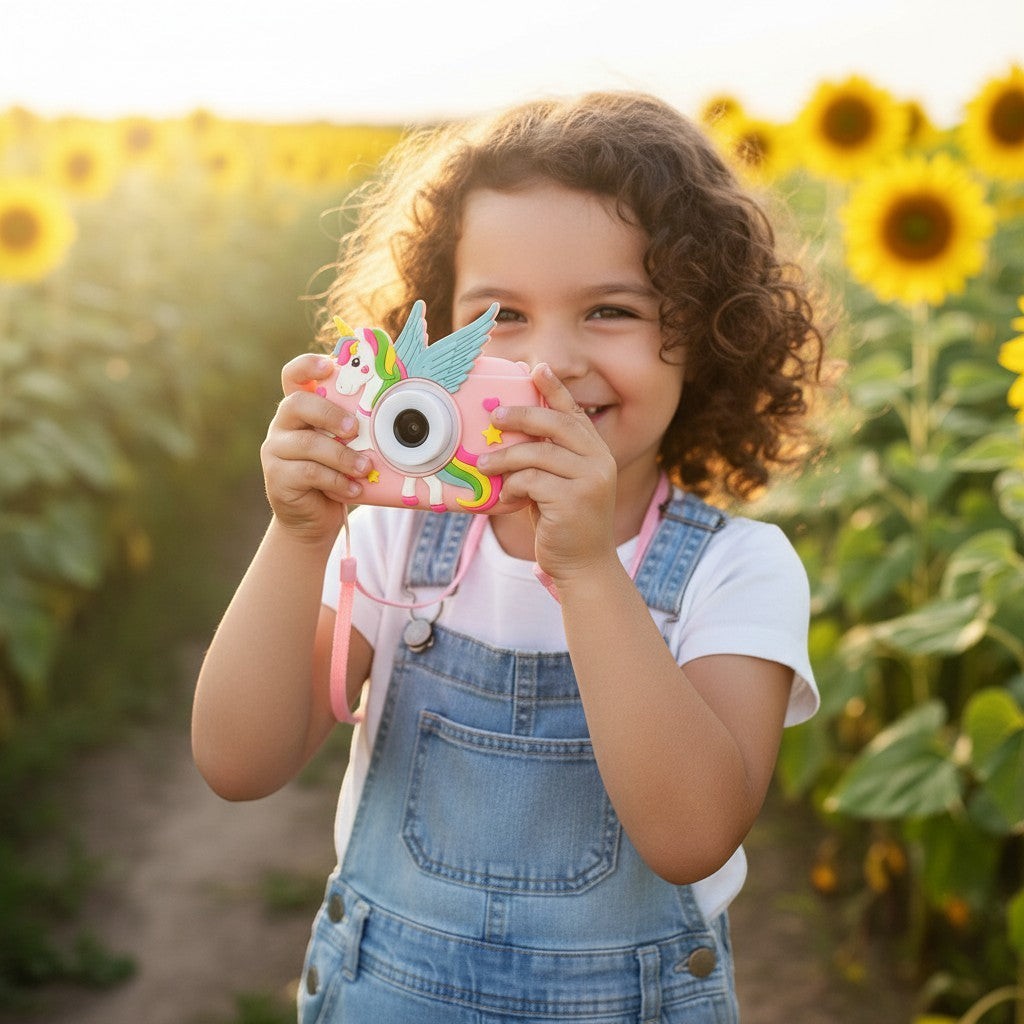Exquisite Deal Shop pink unicorn digital camera for kids with wings, rainbow tail, and selfie light.