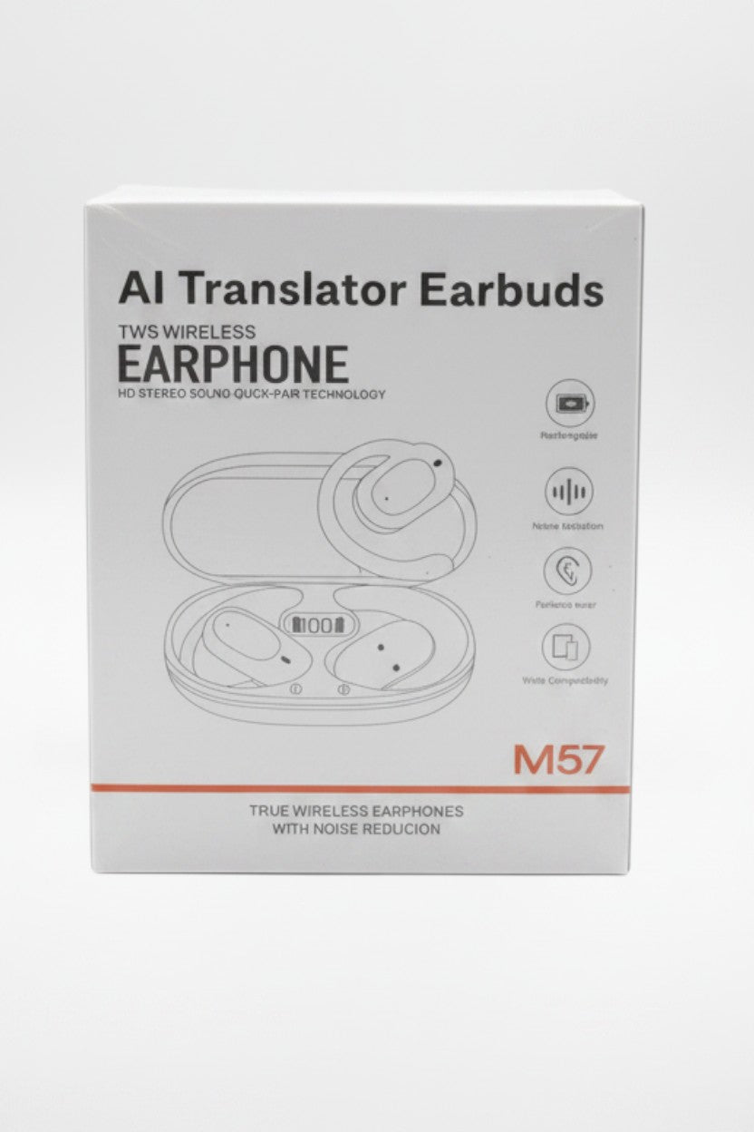 Exquisite Deal Shop M57 AI translator wireless earbuds packaging box with TWS real-time voice translation features