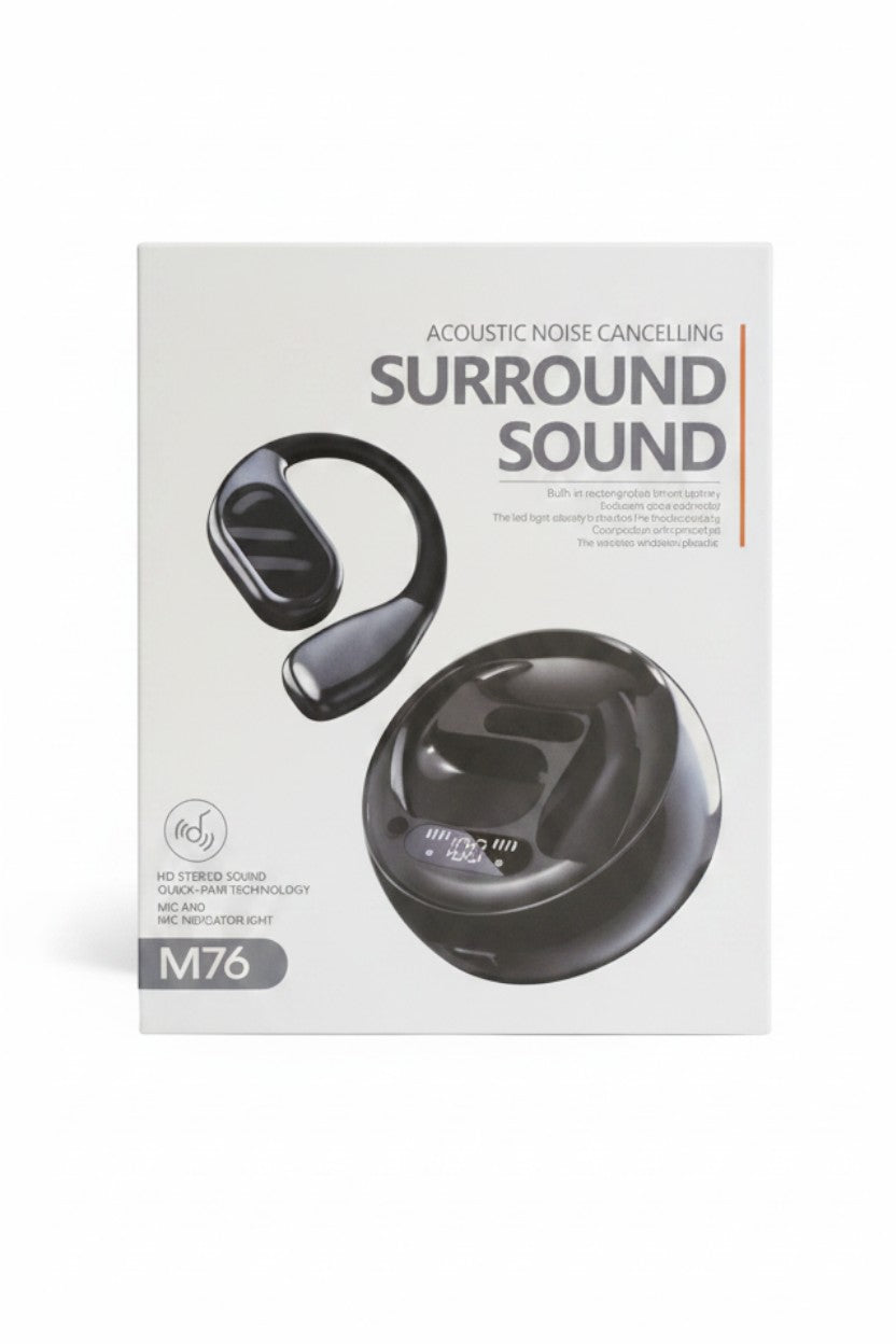 Exquisite Deal Shop M76 open-ear wireless earbuds with charging case, featuring ear-hook design and surround sound.