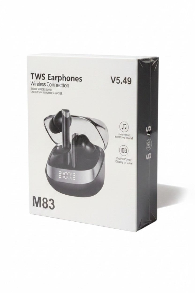 Exquisite Deal Shop M83 TWS wireless earphones box featuring Bluetooth 5.4 and a digital battery display case.