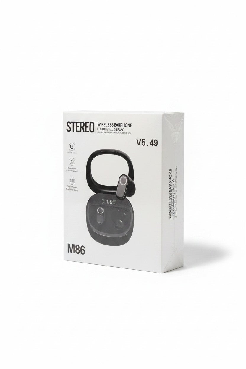 Exquisite Deal Shop M86 wireless earbuds in black with LED display on charging case, Bluetooth 5.4