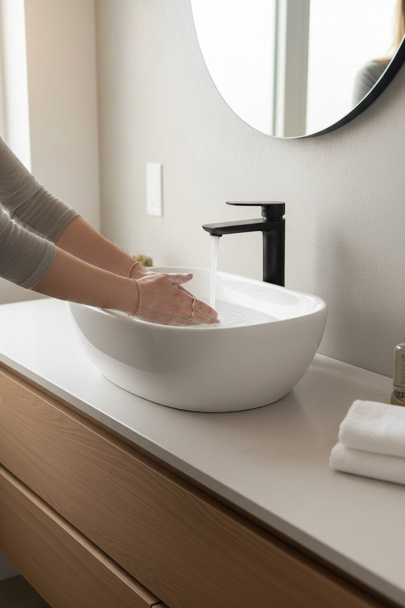 Exquisite Deal Shop matte black single-handle pull-down bathroom faucet with water running into a white oval sink.