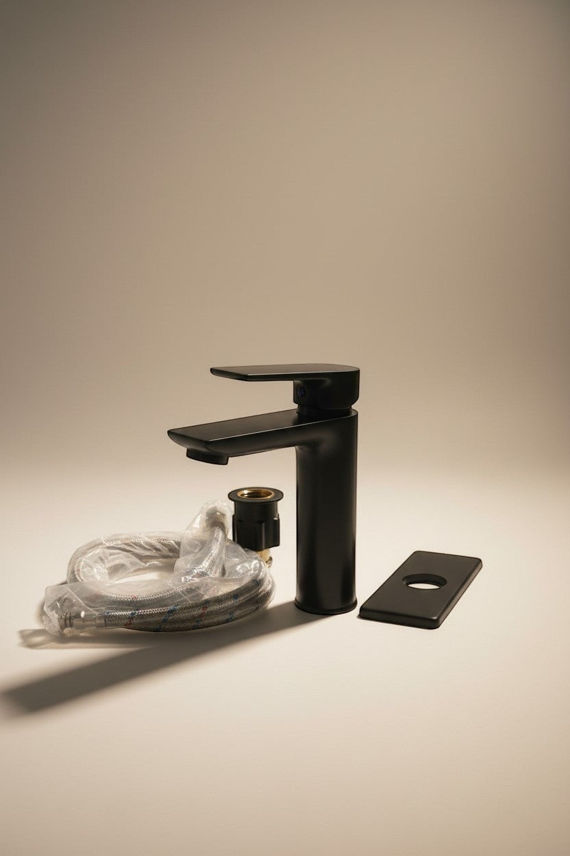 Exquisite Deal Shop matte black single-handle pull-down bathroom faucet with braided supply lines and deck plate.