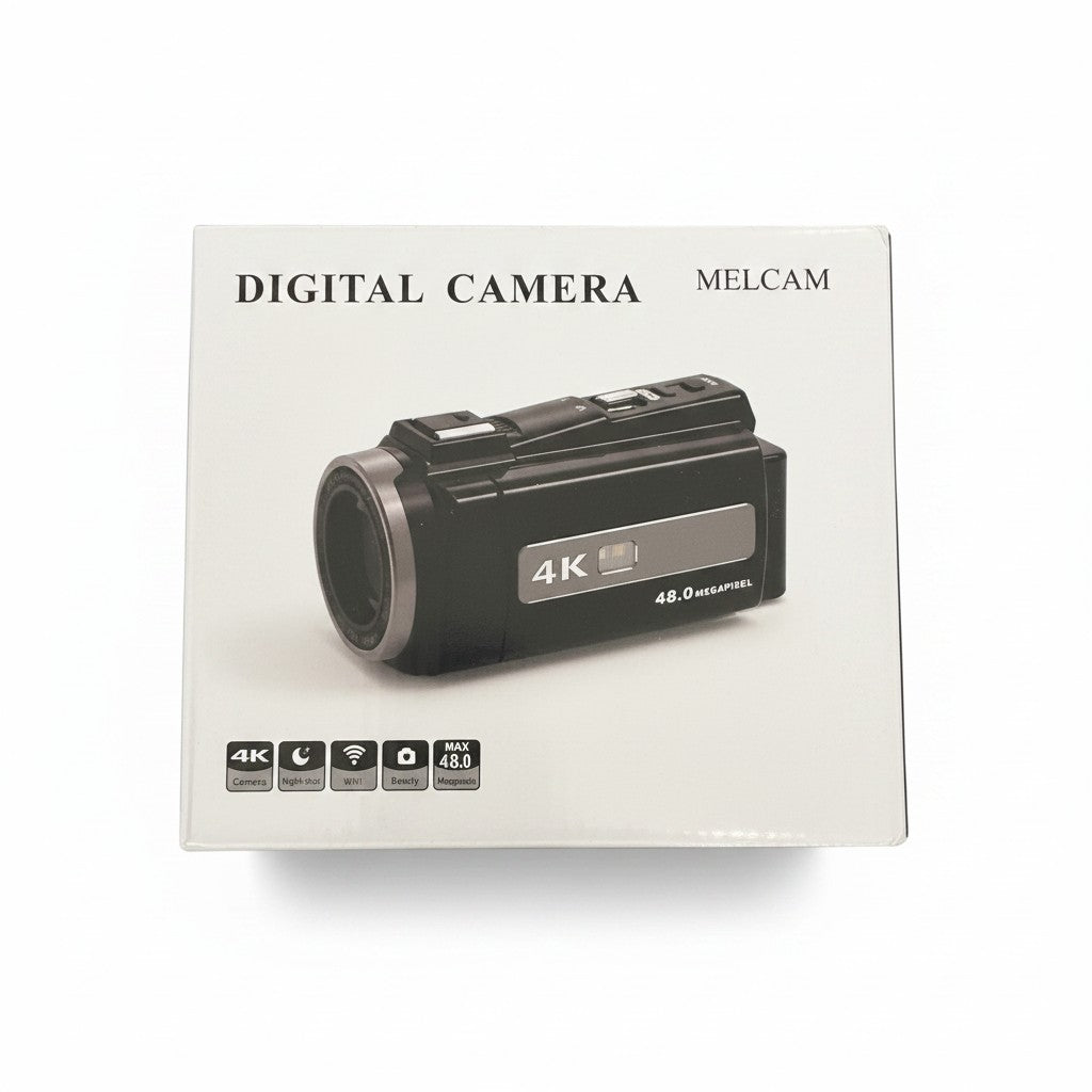 Exquisite Deal Shop MELCAM 4K digital camera with 48MP, 16x zoom, WiFi, and touch screen on box.