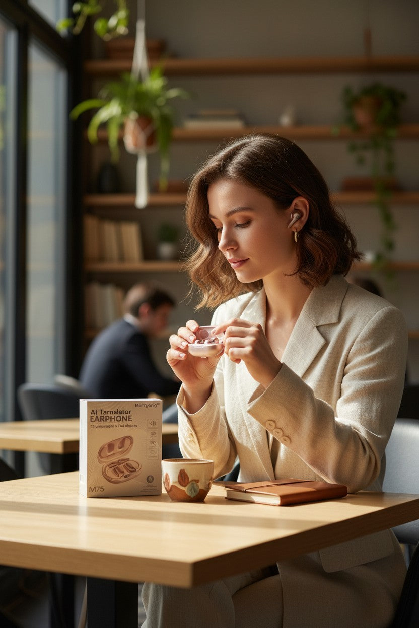 Exquisite Deal Shop MerryKing M75 AI Translator Earbuds with charging case, supporting 74 languages and 144 dialects.