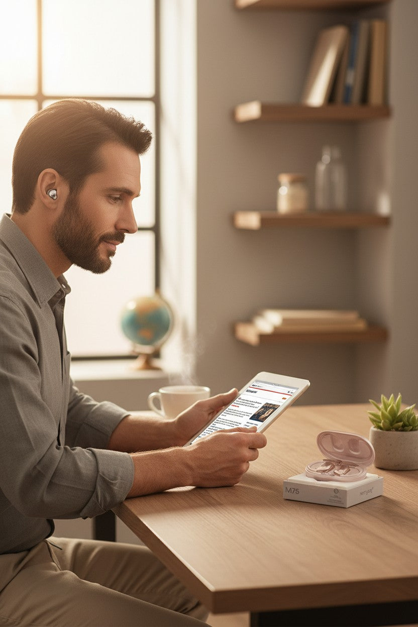 MerryKing M75 AI Translator Earphone box, rose gold earbuds and case, supports 74 languages & 144 dialects.
