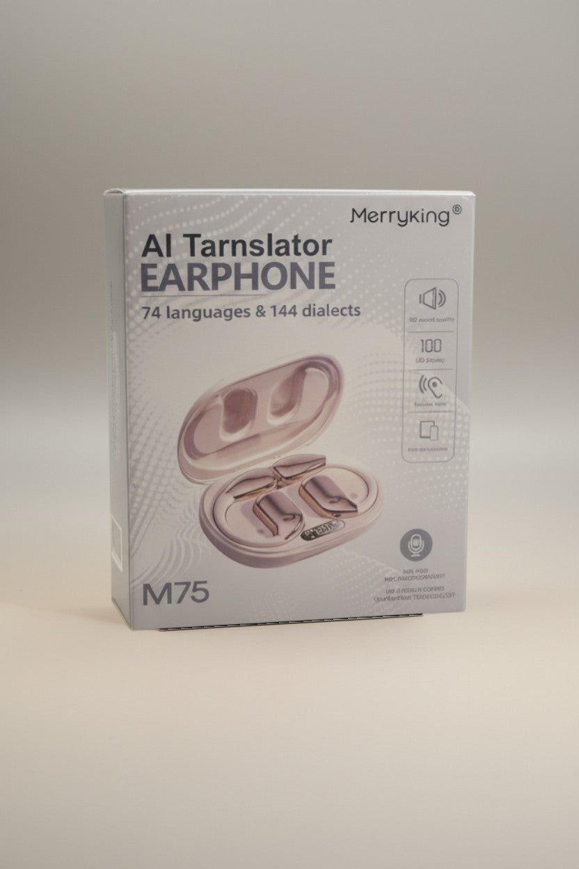 Exquisite Deal Shop MerryKing M75 AI translator earbuds with charging case, supporting 74 languages and 144 dialects.