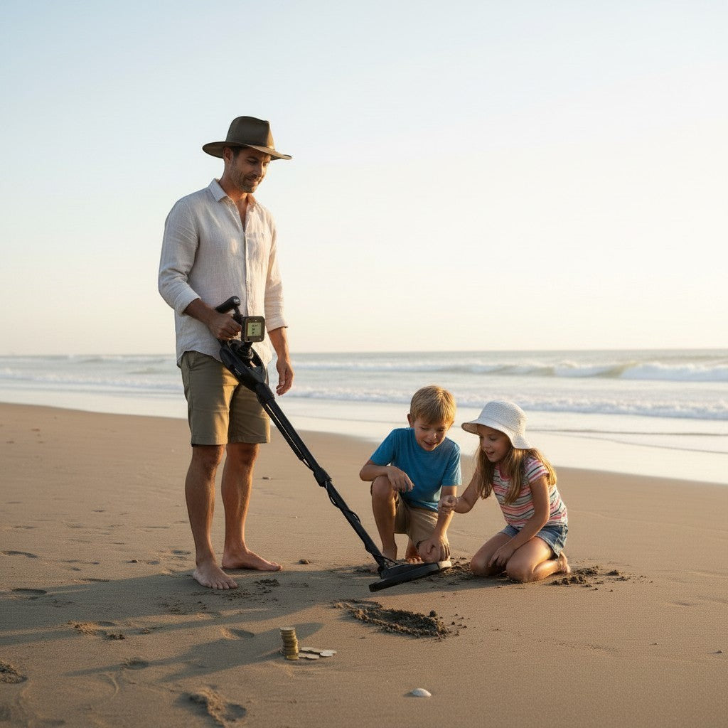 Exquisite Deal Shop handheld metal detector pinpointer on beach with coins found.
