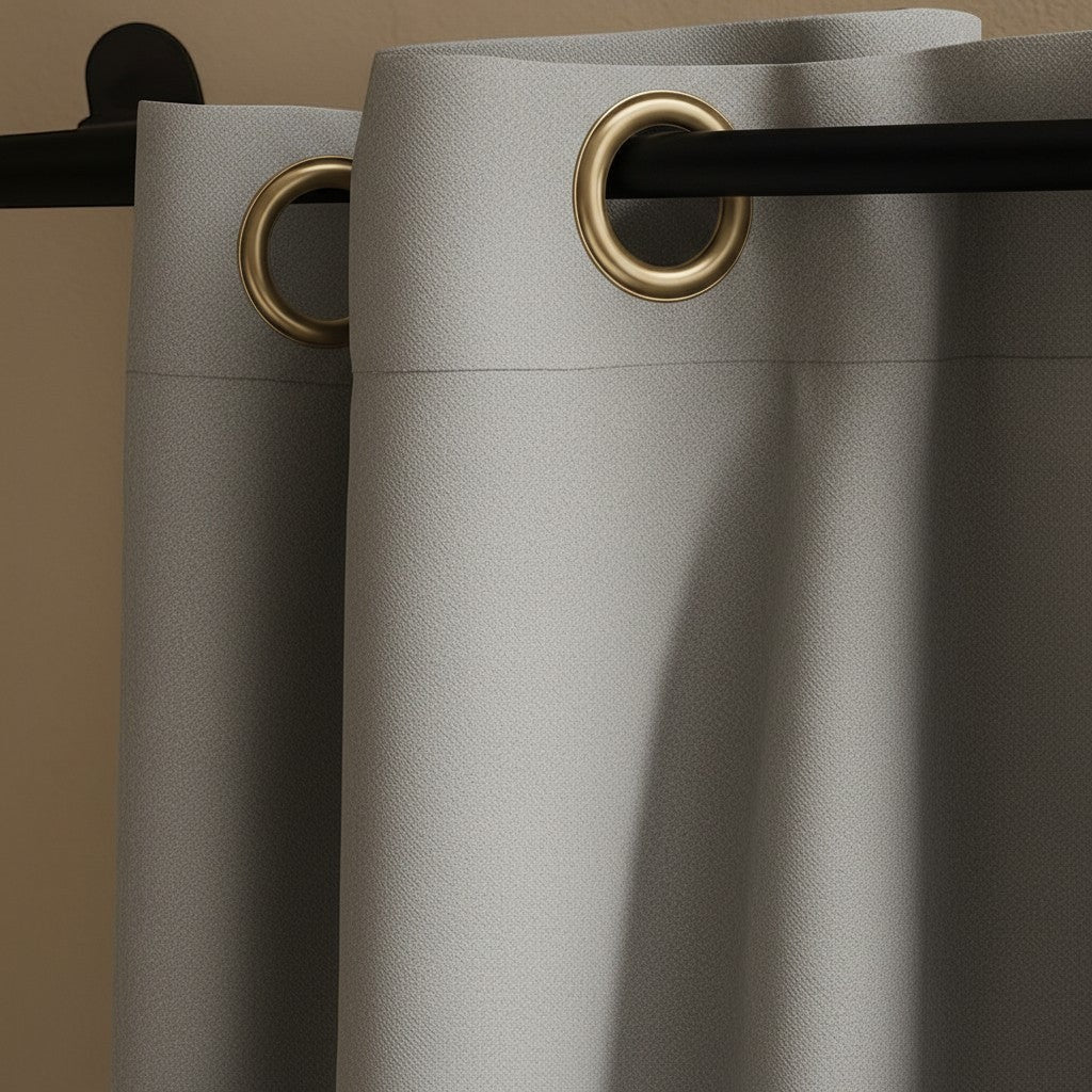 Exquisite Deal Shop navy blue blackout curtains with gold grommets, triple-weave fabric for thermal insulation and noise dampening.