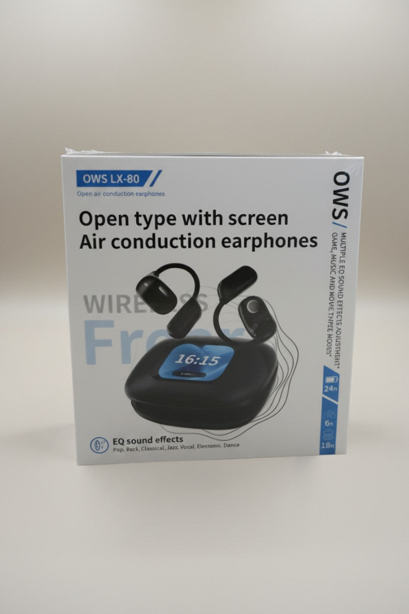 Exquisite Deal Shop OWS LX-80 open-ear air conduction earphones with display case, wireless Bluetooth, black