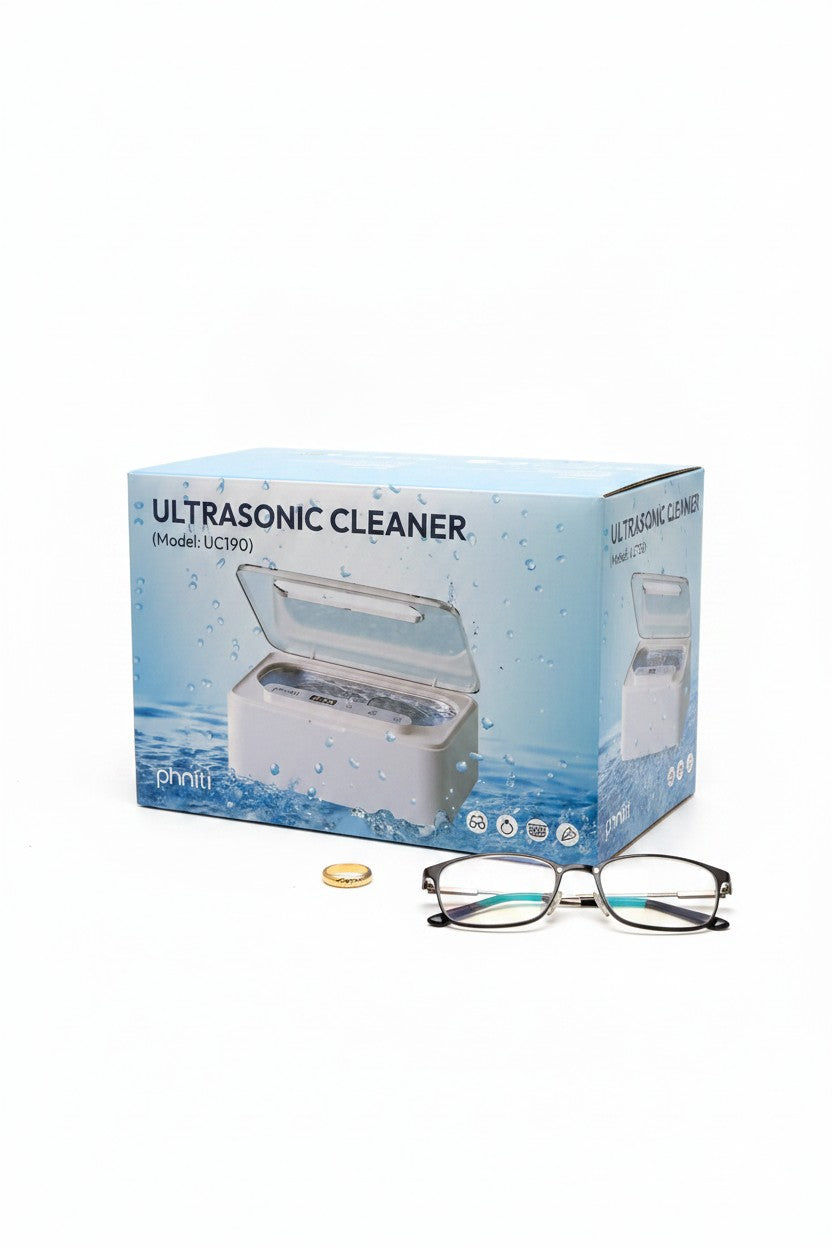 Exquisite Deal Shop PHNITI UC190 ultrasonic jewelry cleaner box with eyeglasses and a ring.