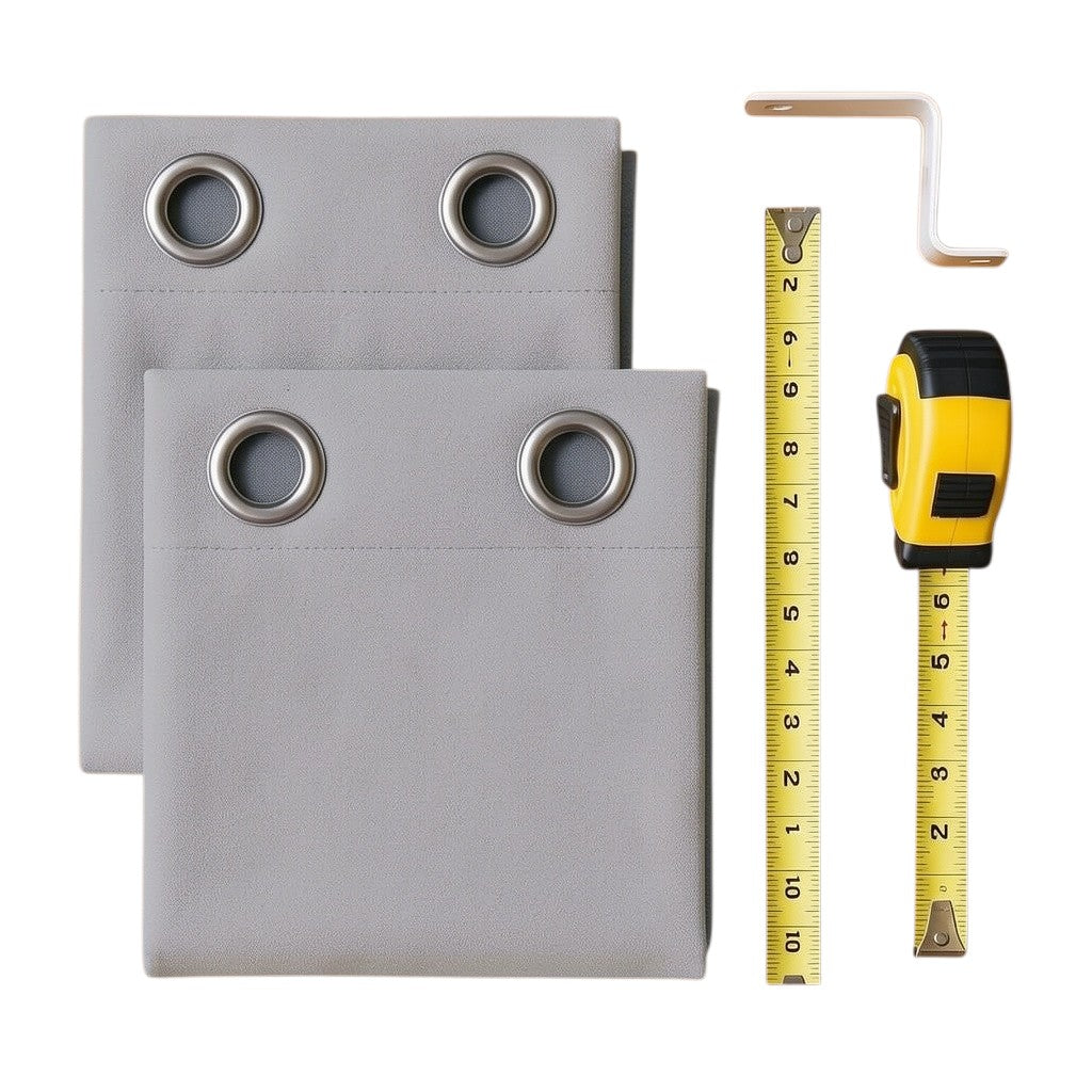 Exquisite Deal Shop PILLCASE light tweed thermal blackout curtains with grommets, shown with measuring tape and bracket.