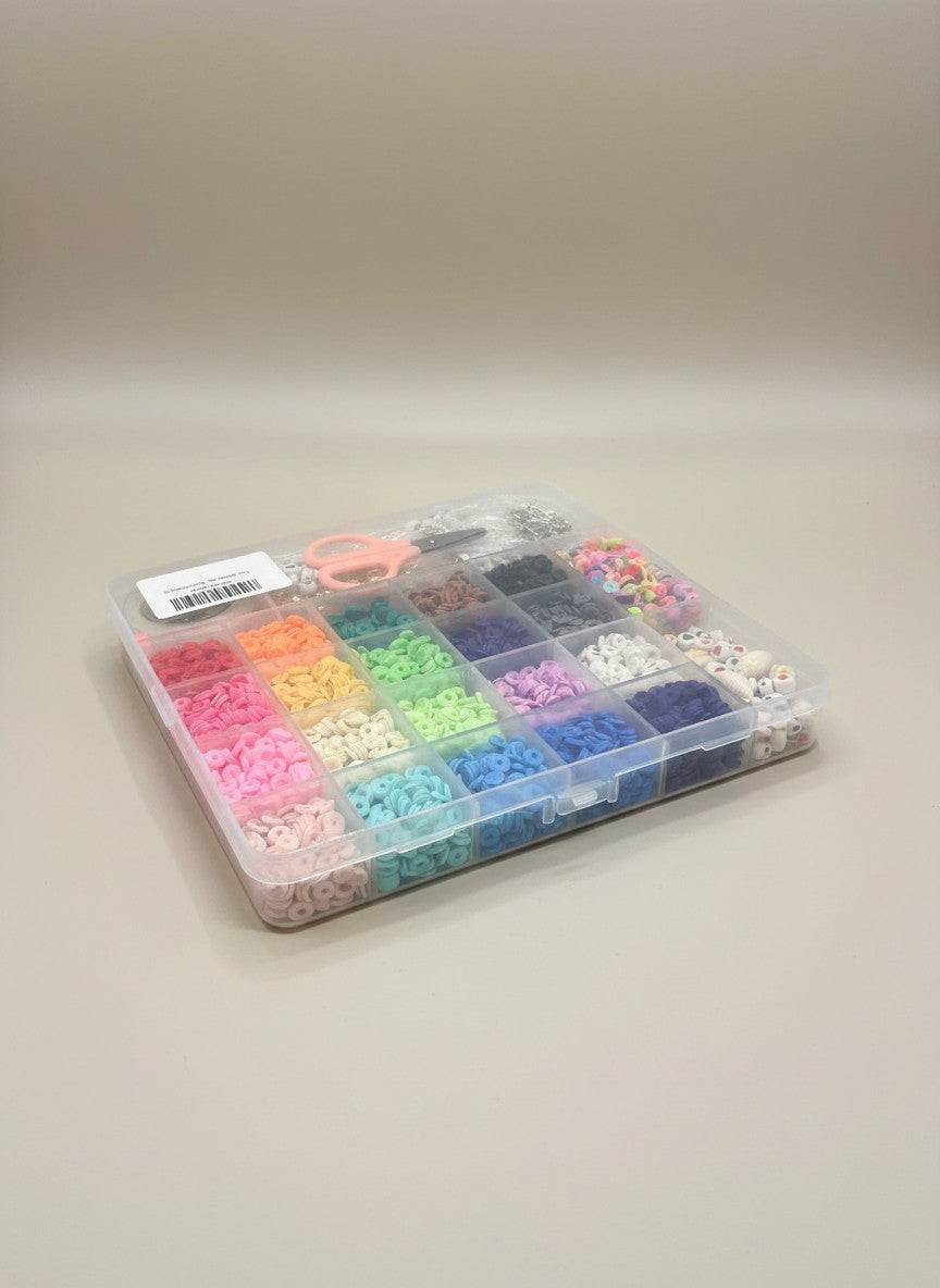 Exquisite Deal Shop polymer clay heishi beads kit with 24 colors, letter beads, charms, scissors, and stretch cord for jewelry making.