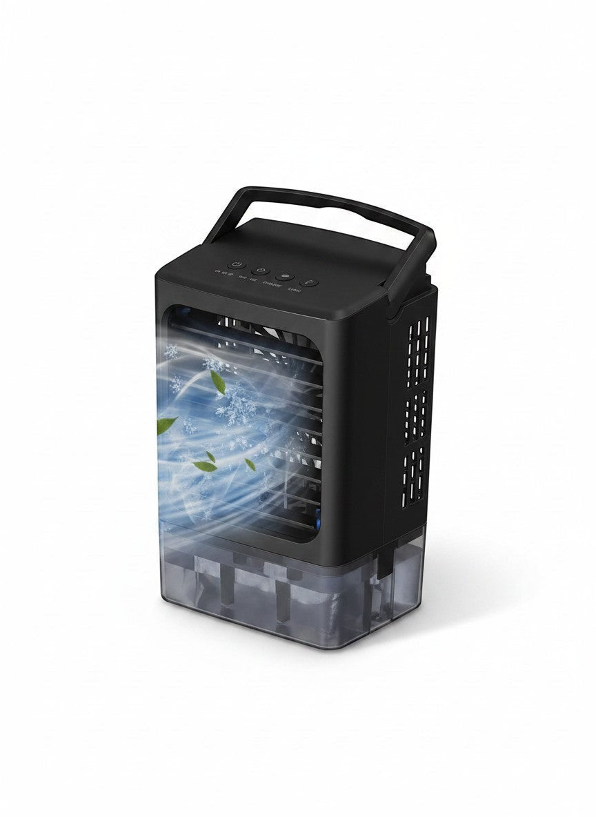 Exquisite Deal Shop portable air conditioner fan, compact personal cooler with multi-speed wind, evaporative cooling, timer, LED lighting, and low noise operation.