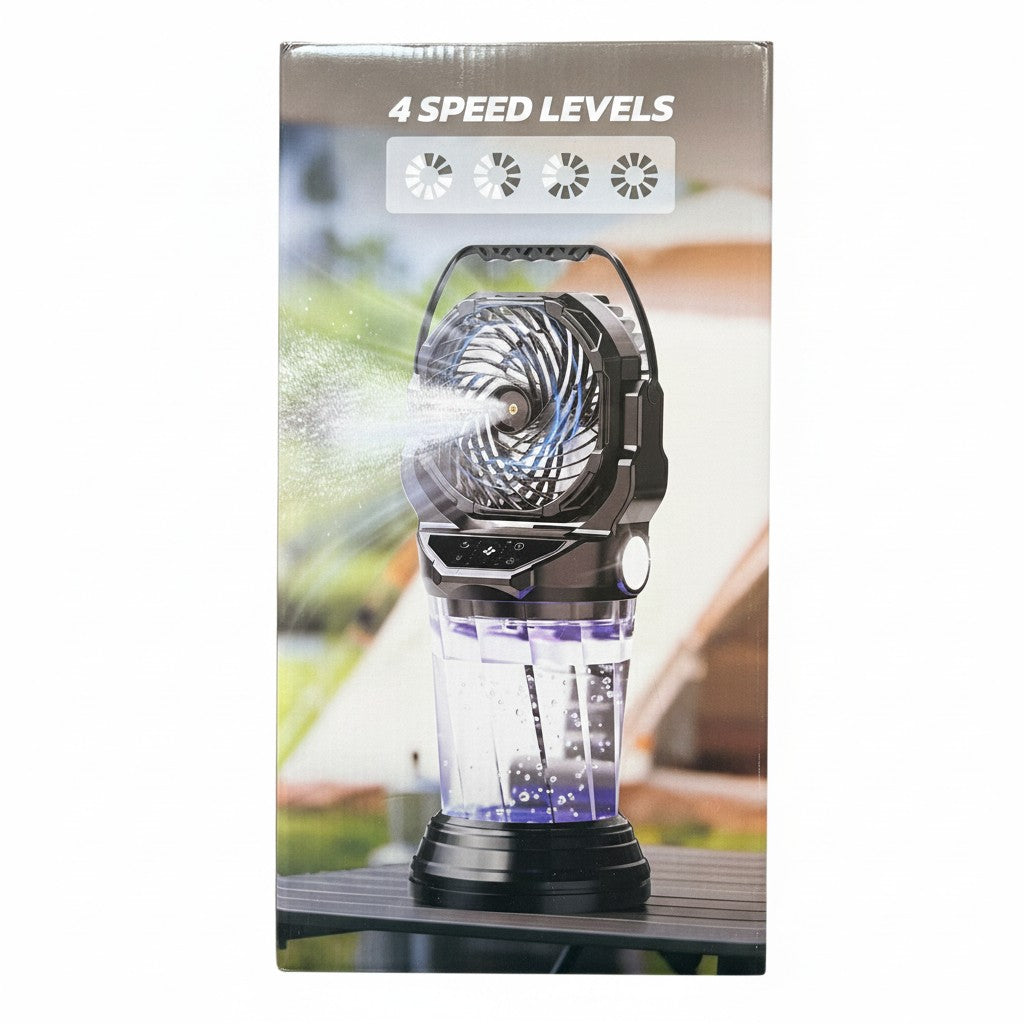 Exquisite Deal Shop portable misting fan with 4 speed levels and a water tank for cooling.
