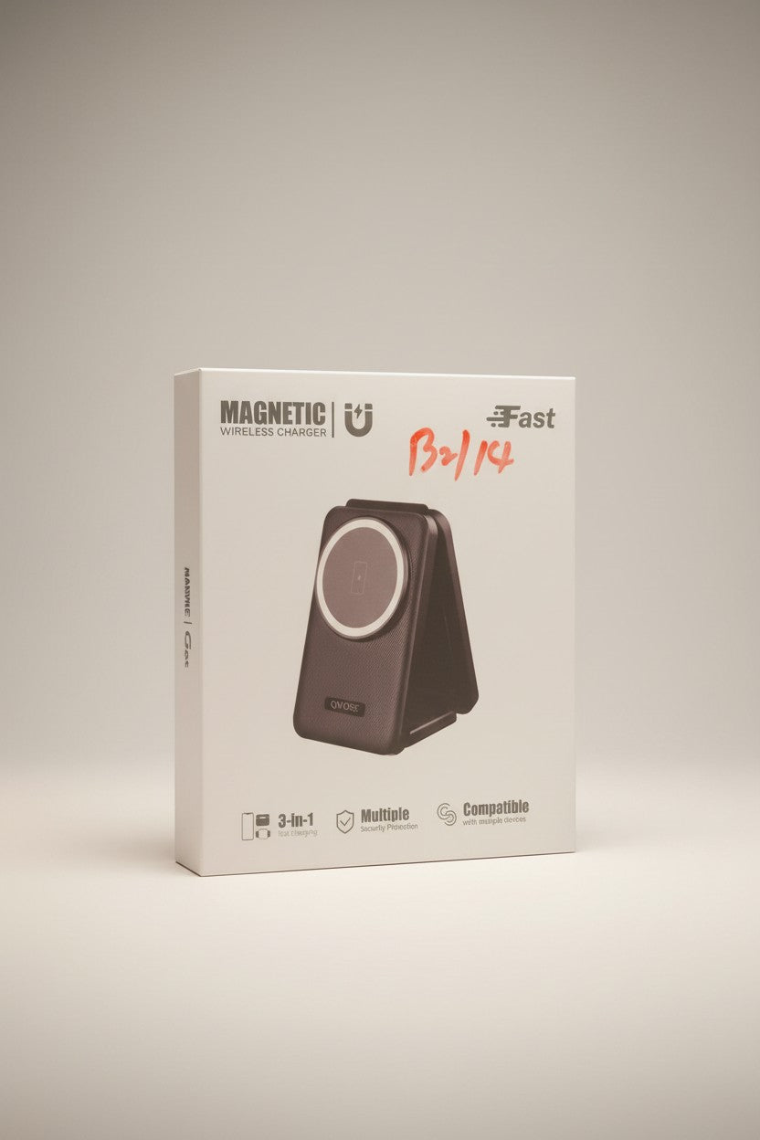 Exquisite Deal Shop QWOSE W346 magnetic 3-in-1 foldable wireless charger for iPhone, Watch & AirPods. Black textured finish.