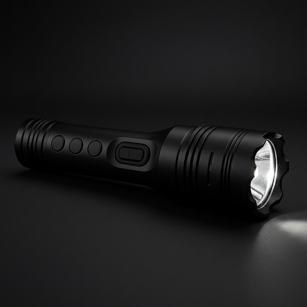 Exquisite Deal Shop black aluminum tactical LED flashlight with zoom beam and multiple modes.