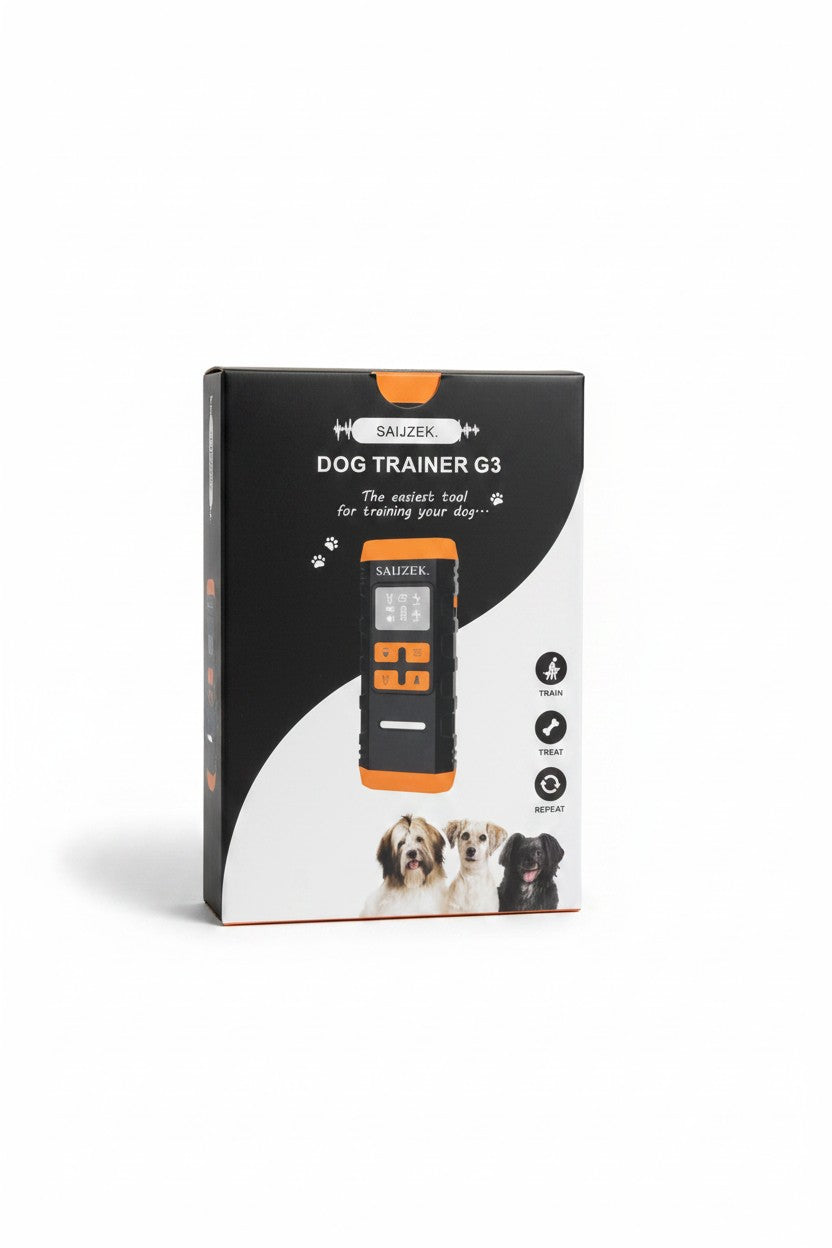 Exquisite Deal Shop SAIJZEK Dog Trainer G3 handheld ultrasonic device, orange and black, with three dogs pictured.