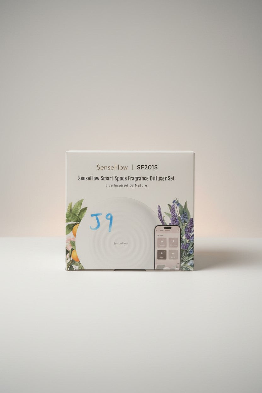 Exquisite Deal Shop SenseFlow SF201S smart space fragrance diffuser set with app control and waterless atomization. Features citrus and lavender floral design.
