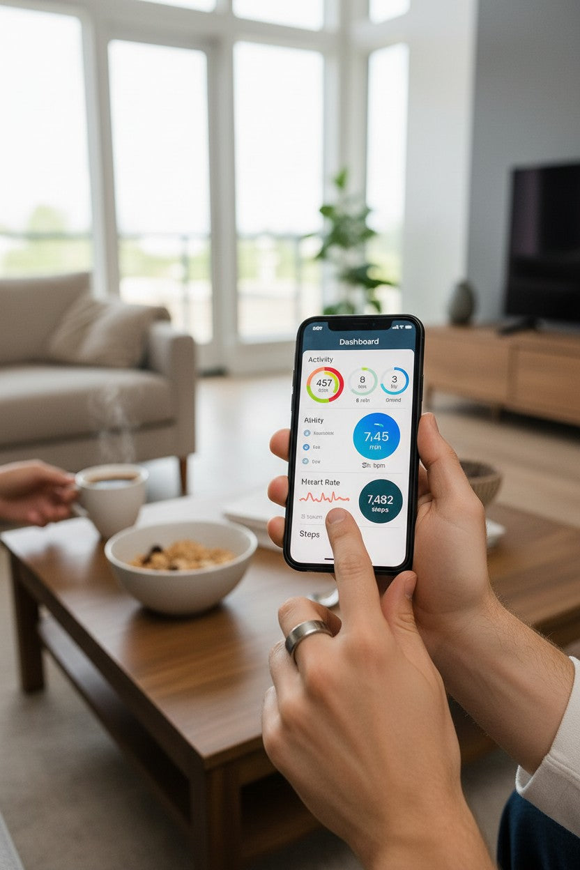 Exquisite Deal Shop silver smart ring fitness tracker on finger, showing app dashboard with steps, heart rate, and activity data.