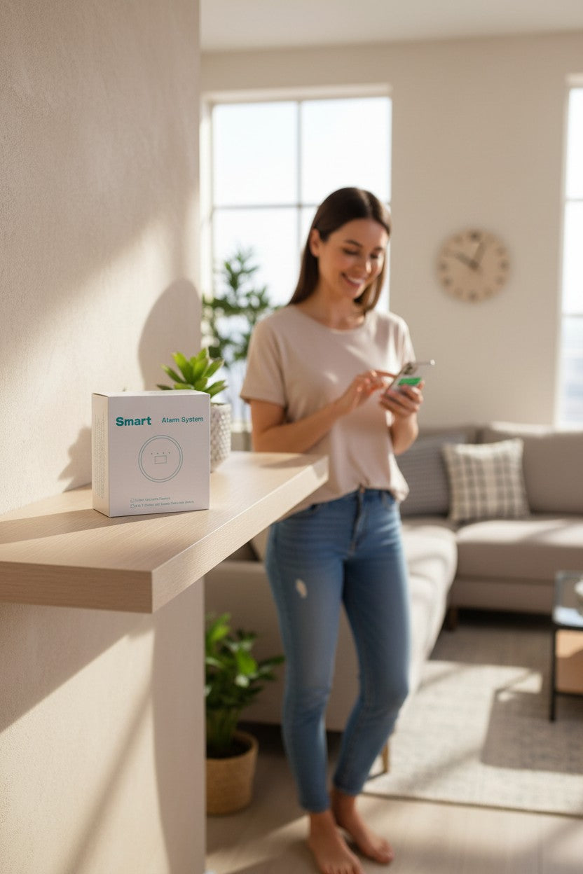 Exquisite Deal Shop Smart Alarm System box with ruler for scale. Features door, window, and motion detection.