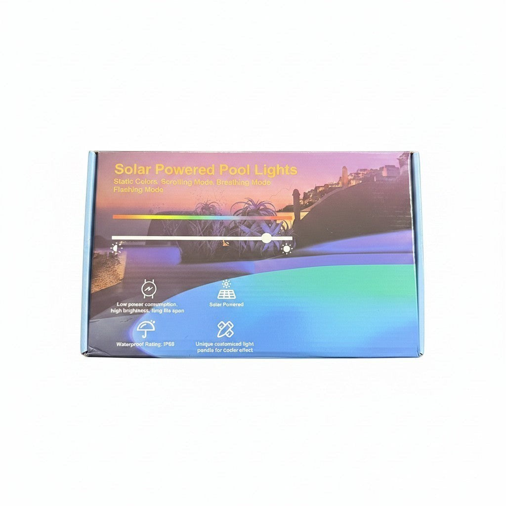 Exquisite Deal Shop solar powered floating pool lights with RGB color-changing modes and IP68 waterproof rating.