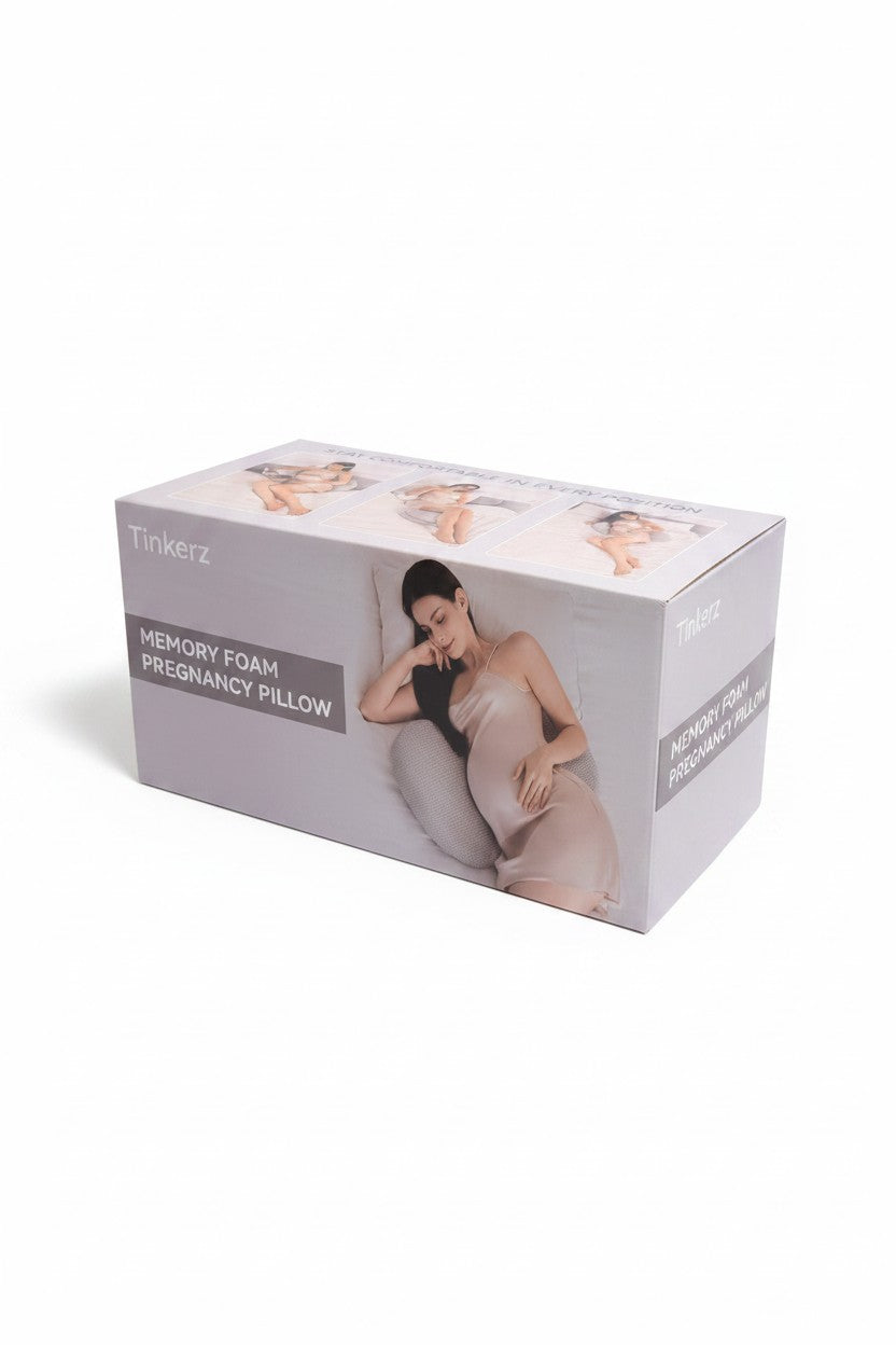 Exquisite Deal Shop Tinkerz memory foam pregnancy pillow in retail packaging showing a pregnant woman using it.