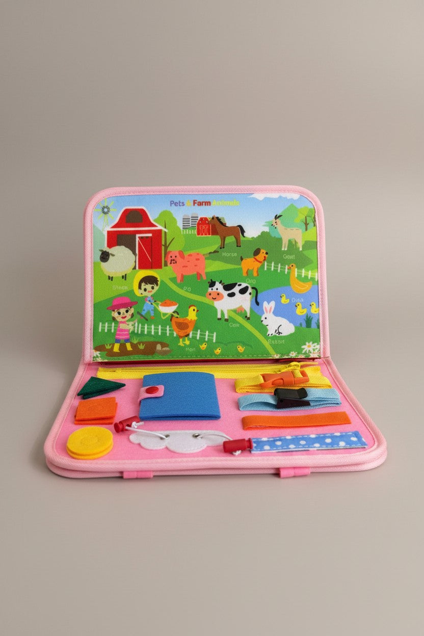Exquisite Deal Shop toddler busy board with felt farm animals, buckles, and zippers for fine motor skill development.