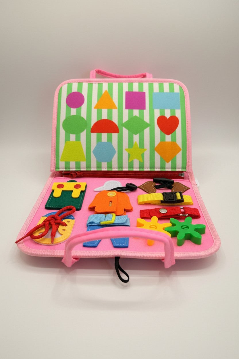 Exquisite Deal Shop pink felt toddler busy board with shapes, clothing fasteners, and gears for fine motor skill development.