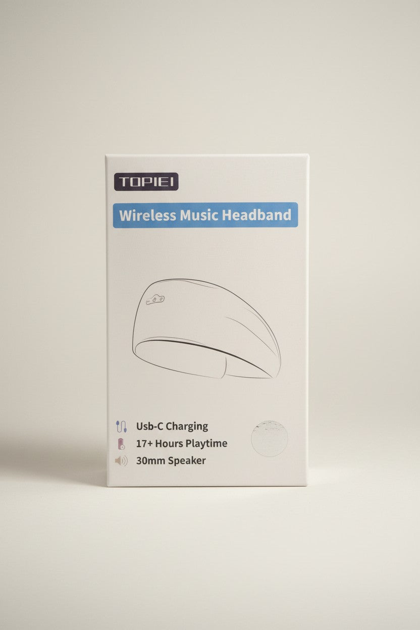 Exquisite Deal Shop TOPIEI Wireless Music Headband with Bluetooth, USB-C charging, 17+ hours playtime, and 30mm speakers.