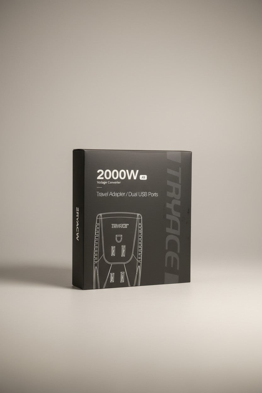 TRYACE A9 2000W travel voltage converter with dual USB ports, steps down 220V to 110V for US appliances.