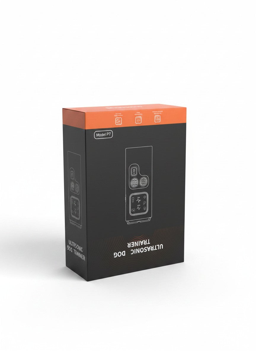 Exquisite Deal Shop Model P7 ultrasonic dog trainer packaging box in black and orange with product line art.