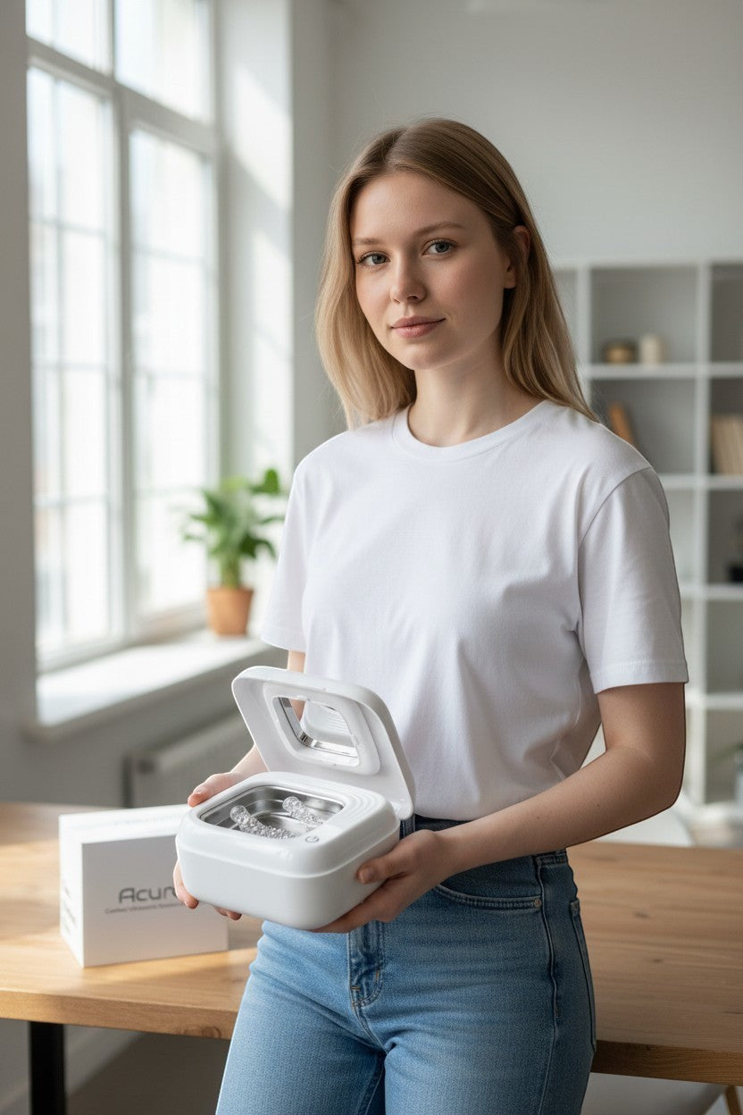 Exquisite Deal Shop white cordless ultrasonic retainer cleaner pod with built-in mirror, cleans retainers, aligners, and night guards.