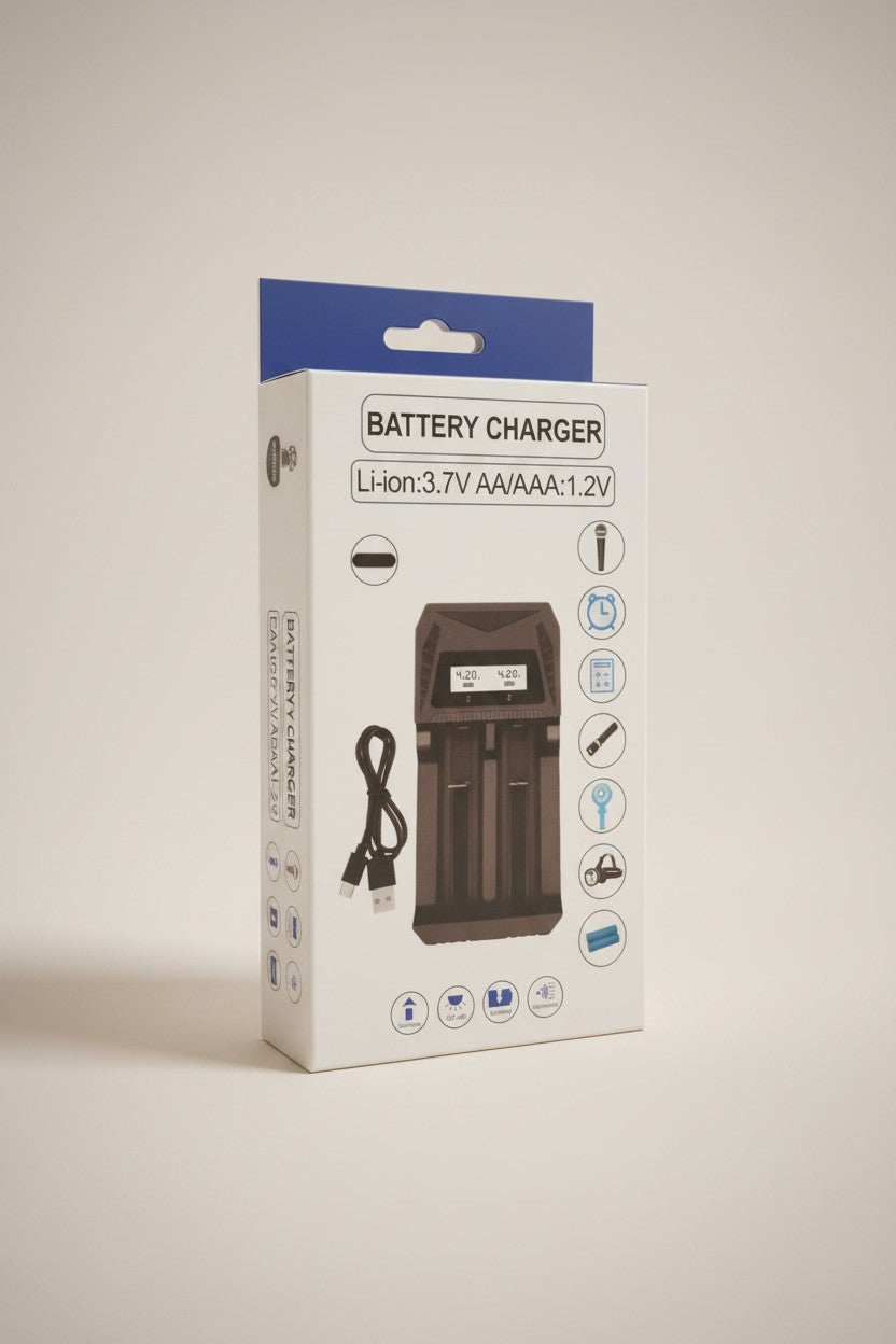Exquisite Deal Shop Universal Smart Battery Charger with LCD display for Li-ion 3.7V and NiMH AA/AAA 1.2V batteries. USB powered.