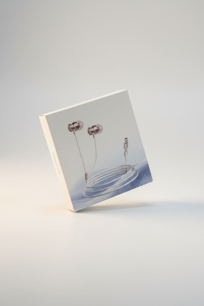 Exquisite Deal Shop USB-C wired earphones with noise isolating silicone tips and inline mic. White cable.