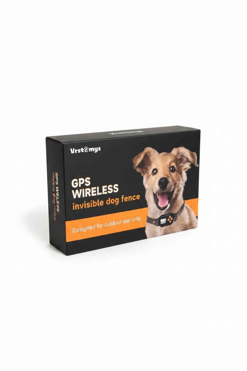 Exquisite Deal Shop Vrstomys GPS Wireless Invisible Dog Fence box with a happy dog wearing the collar. Designed for outdoor use.